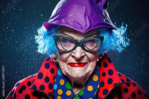 Let's party!! Funny grandma clown playing at home. 1 April Fool's day concept with splash glittering rainbow papers background.generative ai.