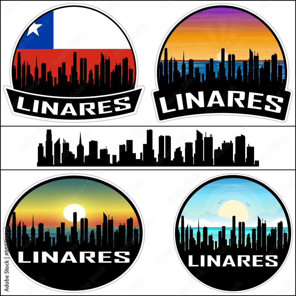 Linares Skyline Silhouette Chile Flag Travel Souvenir Sticker Sunset Background Vector Illustration SVG EPS AI