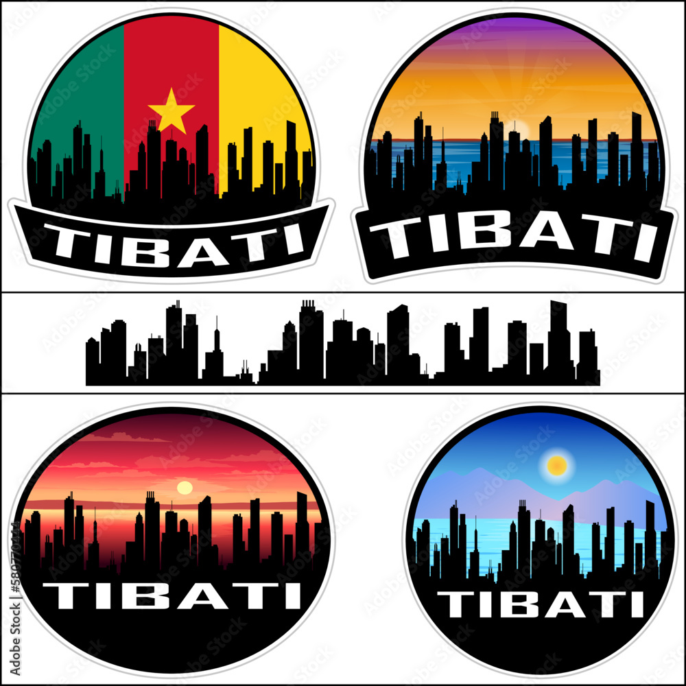 Tibati Skyline Silhouette Cameroon Flag Travel Souvenir Sticker Sunset Background Vector Illustration SVG EPS AI