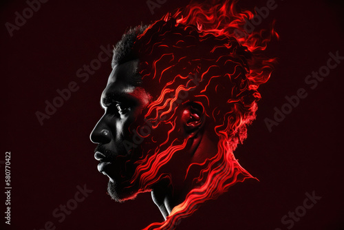 African man silhouette. black guy on a dark background, in red flame. strength and independence. ai generative