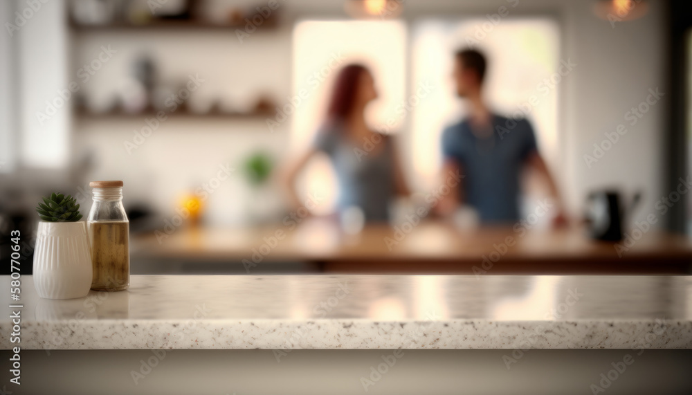 An empty kitchen counter worktop for product display. blurred people in the background. Generative ai An empty kitchen counter worktop for product display. blurred people in the background. Generative ai