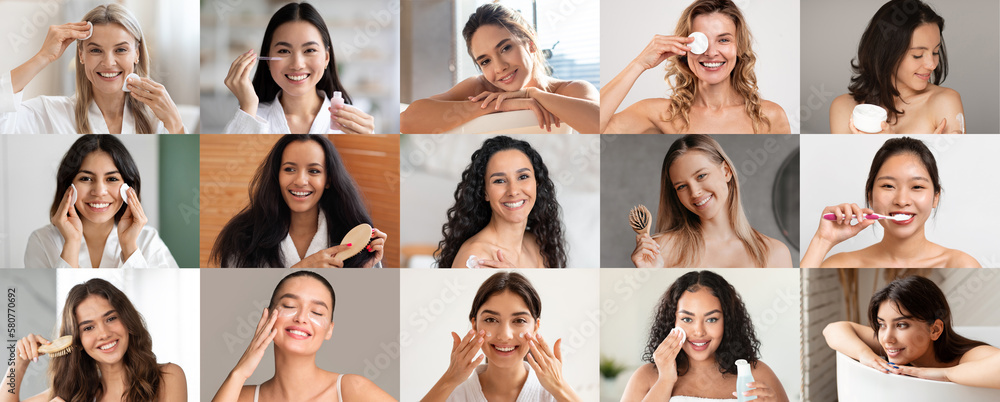 Obraz premium Cheerful young and mature diverse women enjoy beauty care, anti aging routine procedures, clean skin, brushing hair