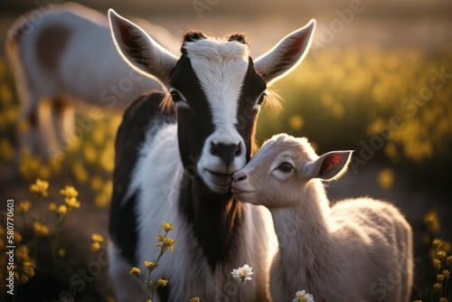 Mom goat cuddling with baby goat, in a big field with flowers