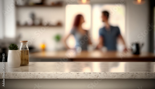An empty kitchen counter worktop for product display. blurred people in the background. Generative ai