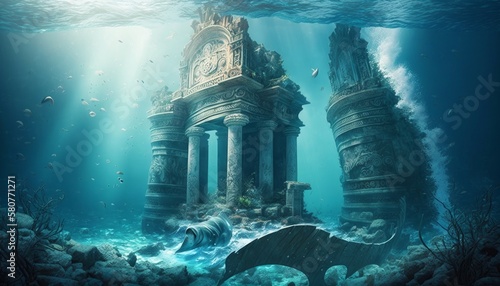 Underwater scene with ancient ruins and sea creatures. Generative AI