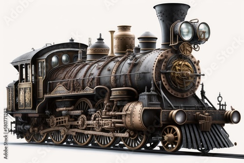 Old steam locomotive made of iron and steel. Generative AI
