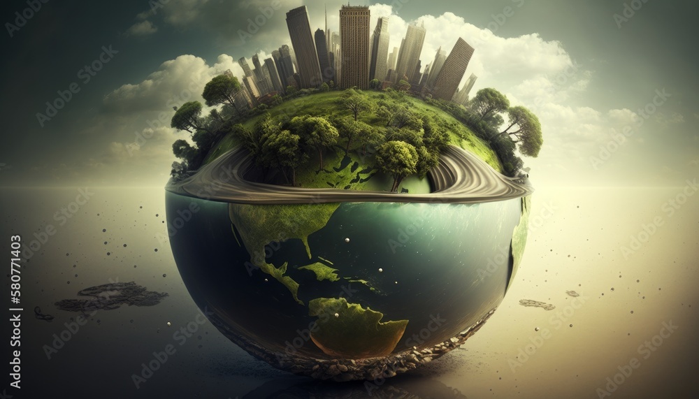 Earth planet with green city on the other side, Generative AI Earth planet with green city on the other side, Generative AI