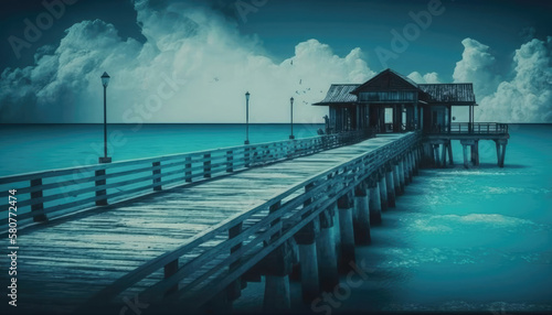 A view of a big wooden pier extending towards the azure sea. Generative AI illustration.
