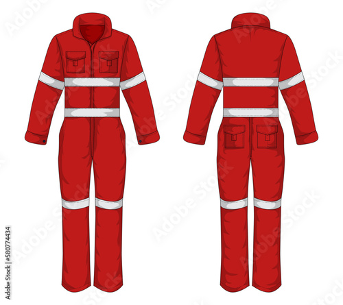 Red industrial workwear front and back view. Vector illustration