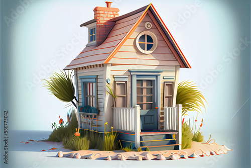 Small cartoon summer house with palm trees, on a white background. AI generated.