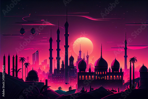 Arabian night fabulous city. Domes of mosques and towers of minarets against the sunset sky. AI generated.