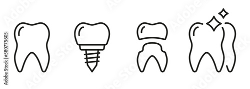 Dental Implantation Treatment. Tooth Care, Veneer Restoration Pictogram. Dental Implant Line Icon Set. Denture Technology. Dentistry Outline Symbol. Editable Stroke. Isolated Vector Illustration