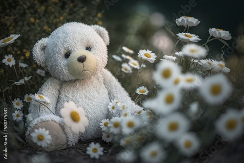 cute white teddy bear playing in the flower as digital illustration (Generative AI)