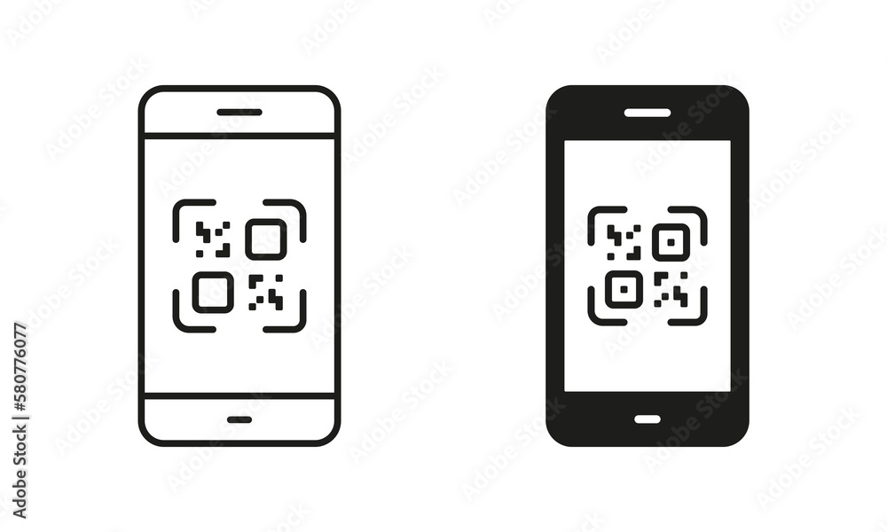 Scan QR Code on Smartphone Line and Silhouette Icon Set. Payment Scanner in Mobile Phone Pictogram. Square Barcode App for Pay Symbol Collection on White Background. Isolated Vector Illustration Scan QR Code on Smartphone Line and Silhouette Icon Set. Payment Scanner in Mobile Phone Pictogram. Square Barcode App for Pay Symbol Collection on White Background. Isolated Vector Illustration