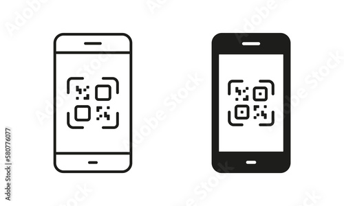 Scan QR Code on Smartphone Line and Silhouette Icon Set. Payment Scanner in Mobile Phone Pictogram. Square Barcode App for Pay Symbol Collection on White Background. Isolated Vector Illustration