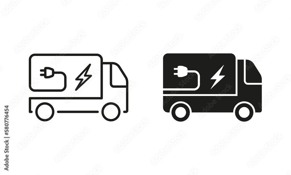 Vehicle Transport with Eco Green Electricity Power Line and Silhouette Icon Set. Electric Van Pictogram. Ecology Energy Truck Symbol Collection on White Background. Isolated Vector Illustration