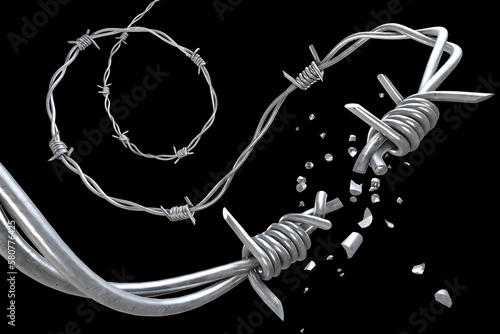 Breaking metal steel barbwire fence. Broken wire fence 