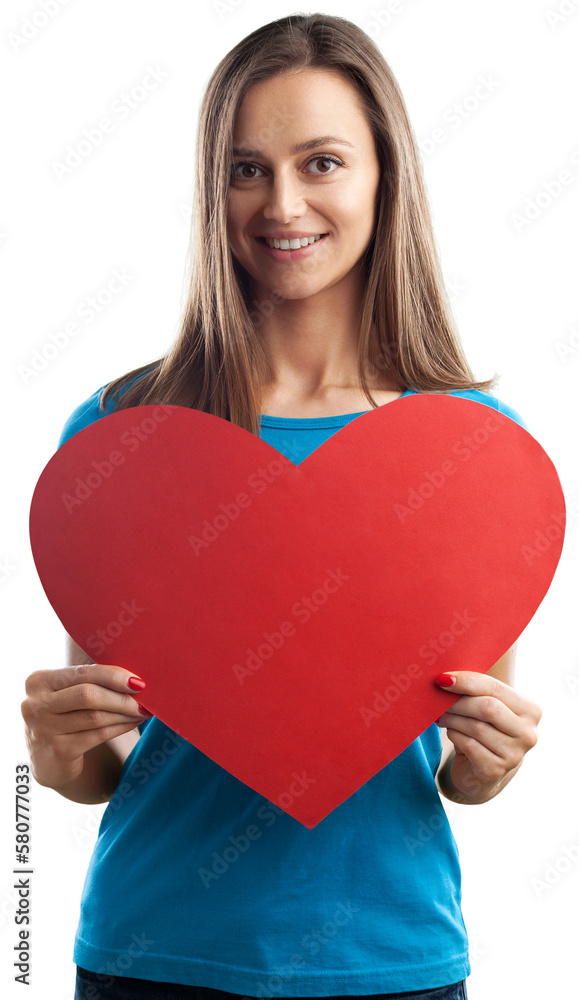 Beautiful lady holds red heart postcard invitation on background Beautiful lady holds red heart postcard invitation on background