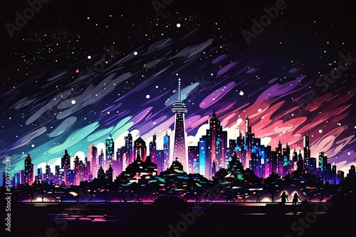 A city skyline at night viewed from a distance illustration, Ai Generative