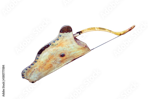Quiver with bow hanging on a temporary dwelling of the nomadic tribe, isolated on a white background. Nomad weapons for hunting and war. Yurt hunters indigenous peoples of the North. photo