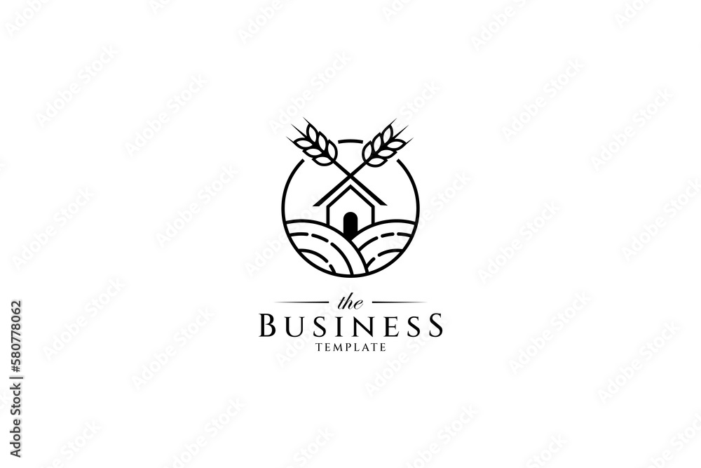 Logo design an image of a field and a small barn house with wheat in a monoline design concept. Logo design an image of a field and a small barn house with wheat in a monoline design concept.