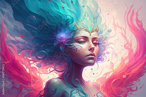 fantasy magical portrait of a goddess woman with ethereal energy, double exposure colorful abstract background