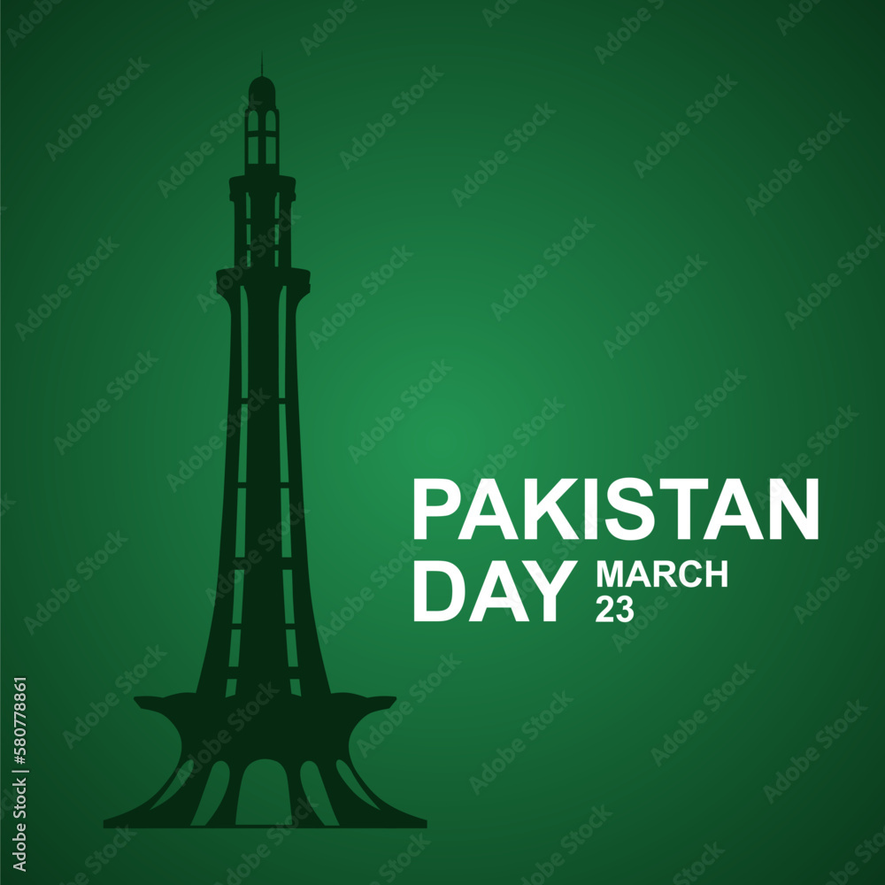 Pakistan Resolution Day Background. SIlhouette of a Minar-e-Pakistan. 23rd of March. EPS10 vector