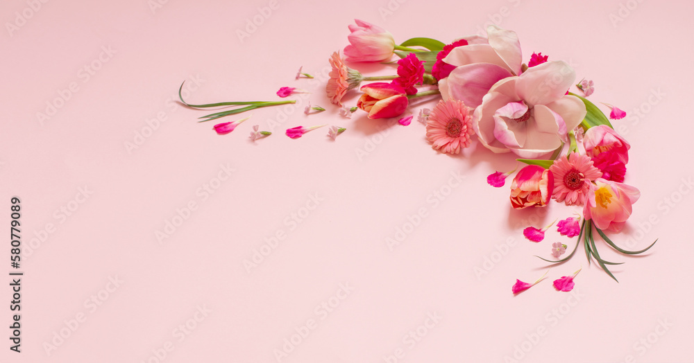 Fototapeta premium beautiful spring flowers on pink background