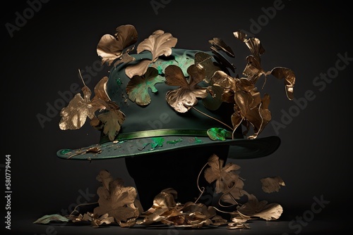 Enchanted shamrock Garden in a Top Hat,A Leprechaun Hat with gold coins for St. Patrick's Day, Generative AI © Nokhoog