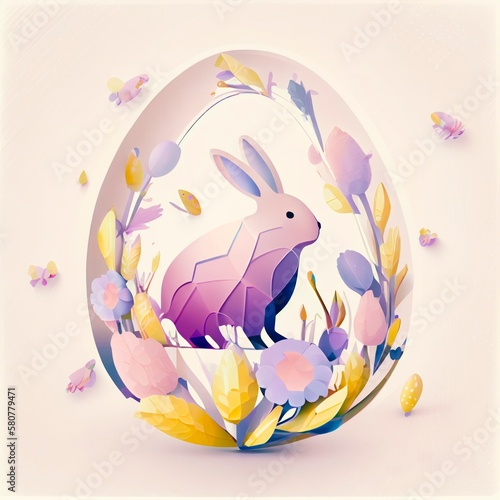 paper cut of happy Easter day with rabbit and flowers inside Easter egg