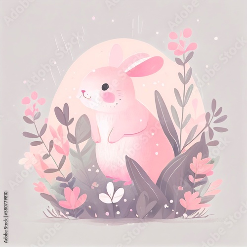Cute spring rabbit and flowers, easter, Flat illustration in pastel vintage colors.