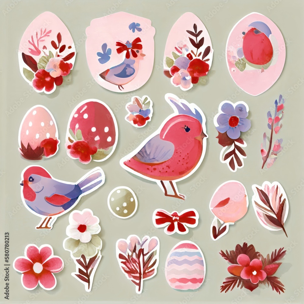 Fototapeta premium Set of Easter gift stickers, scrapbooking elements, labels, badges with cute flowers and birds.