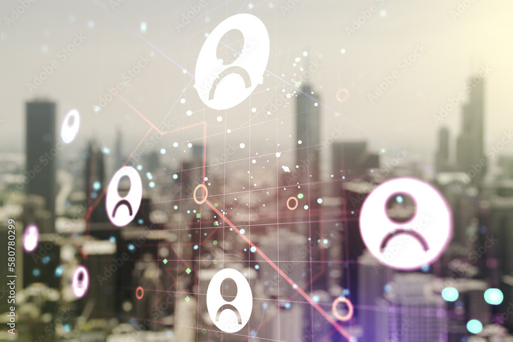 Double exposure of abstract virtual social network icons on blurry cityscape background. Marketing and promotion concept