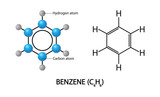 illustration of chemistry and physics, Benzene Atomic Structure, Benzene has a planar hexagonal ring structure made up of six carbon atoms and six hydrogen atoms