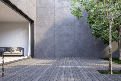 A large empty wooden terrace, loft style, between the living room and the garden 3d render, there are gray plank floor and blank concrete wall for copy space.