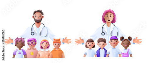 3D pediatrician, vector medical female male, family doctor children healthcare character concept. Cartoon therapist, boys girls smiling patients, hospital cheerful man volunteer. Pediatrician doctor