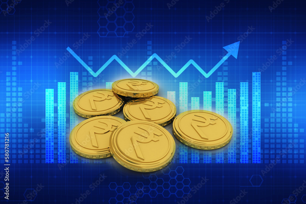 3D rendering illustration Rupee currency with gold coin 3D rendering illustration Rupee currency with gold coin