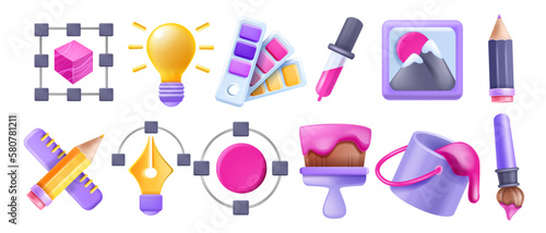 3D design art icon set, vector customise graphic creative badge kit, paint bucket brush, idea bulb. Designer digital tools project sign collection, pencil, pipette, website create process. Design icon