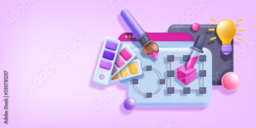 3D website design banner, vector UI UX page redesign illustration, interface design tools, palette. Digital landing page build, creative idea concept, designer software screen. 3D design background