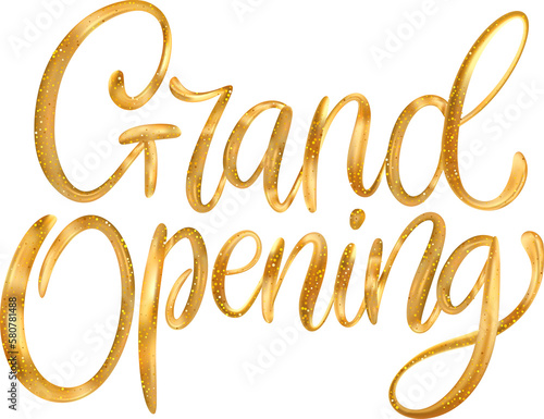 Grand Opening 3d gold lettering typographic metallic glitter calligraphy.