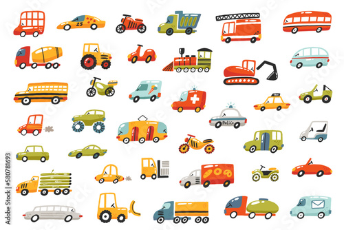 Set of cute vehicles for kids design. Baby bright cartoon various colorful toys. Childish road,transport set. Hand drawn vector illustration. Bus, tram, car, airplane, excavator, taxi