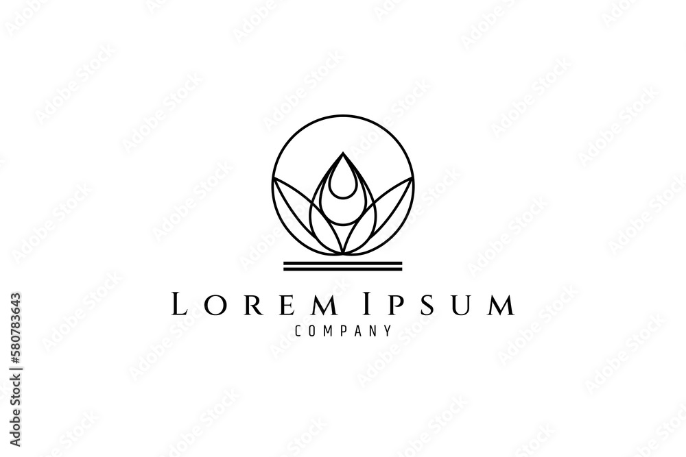 Minimalist line art logo an abstract image of a water drop with leaves in circle. Minimalist line art logo an abstract image of a water drop with leaves in circle.