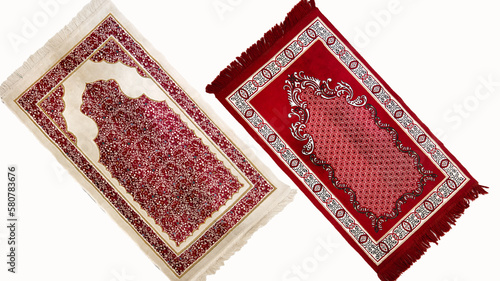 2 Decorative colorful prayer rugs on white background