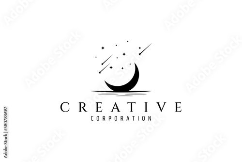 Vector logo a silhouette image of a crescent moon with a star-studded sky.