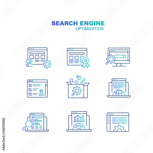 Search engine optimization icon set. Website optimization icon. Online visibility, Google ranking icon. Trendy gradient-style icon illustrations.