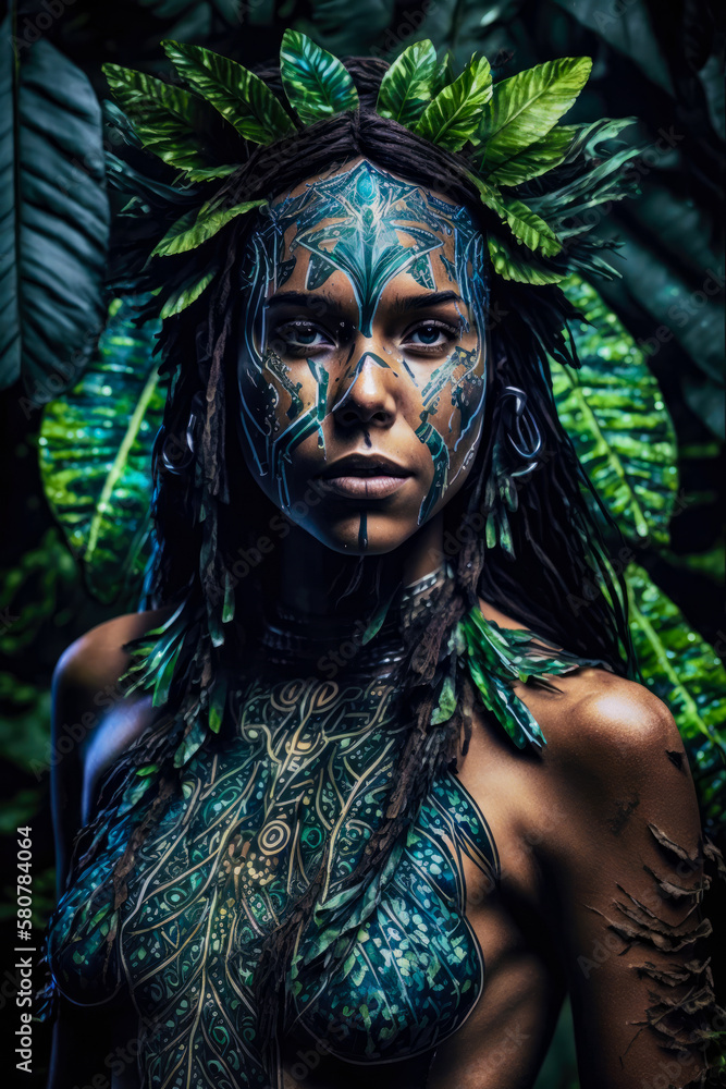 Beautiful young tribe woman with blue facial paintings, serious face portrait on dark jungle background with copy space, generative ai