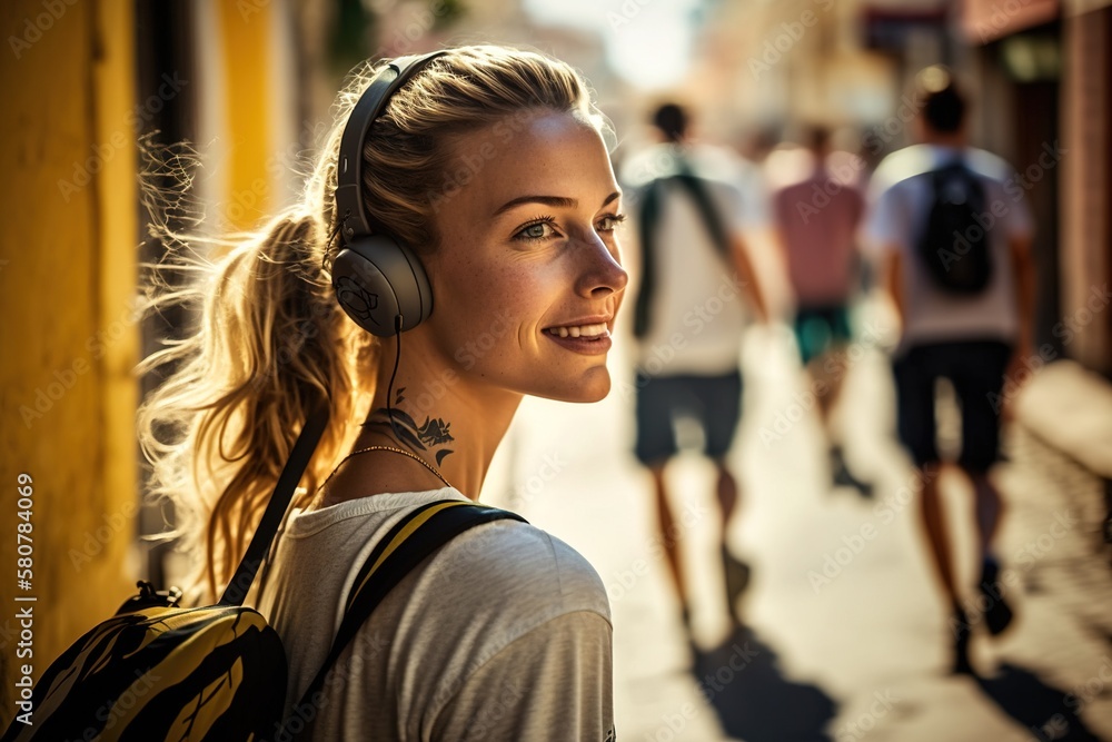 Smiling girl wearing headphones on the street Smiling girl wearing headphones on the street