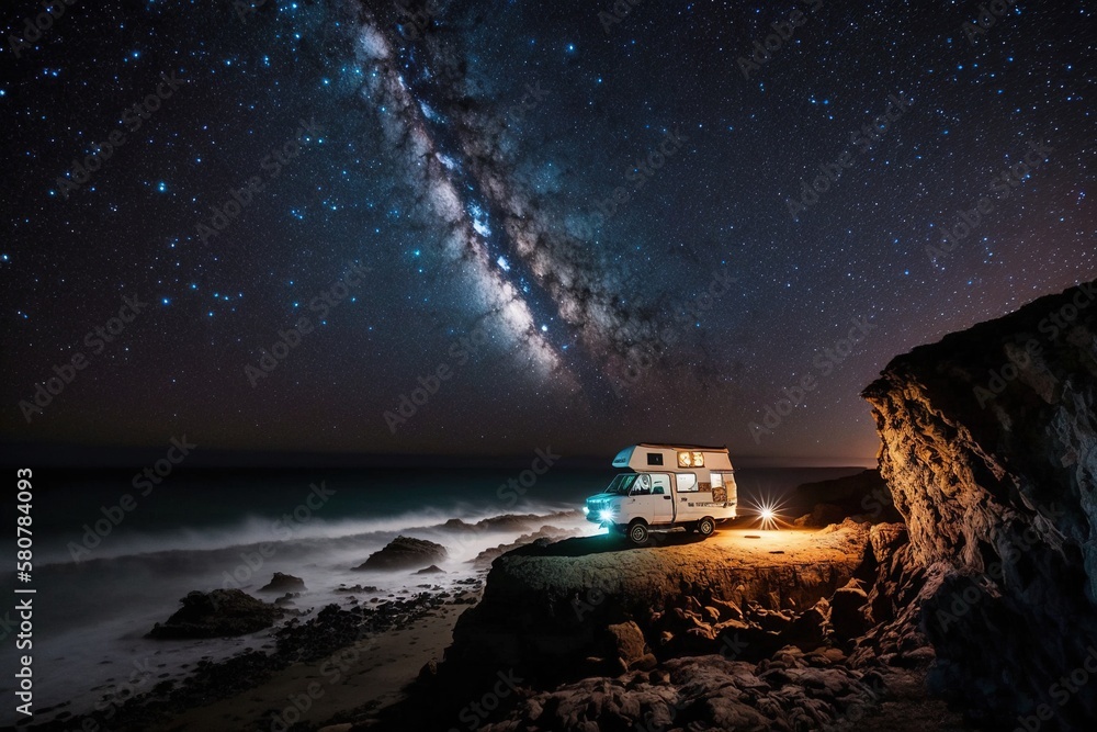 Campervan under the Milky Way on a rocky beach at night - obrazy, fototapety, plakaty 