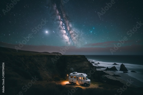Campervan under the Milky Way on a rocky beach at night