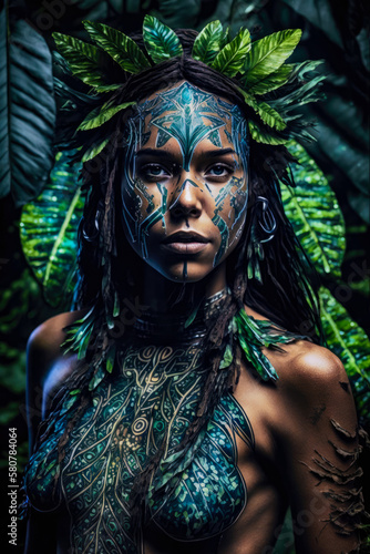 Beautiful young tribe woman with blue facial paintings, serious face portrait on dark jungle background with copy space, generative ai